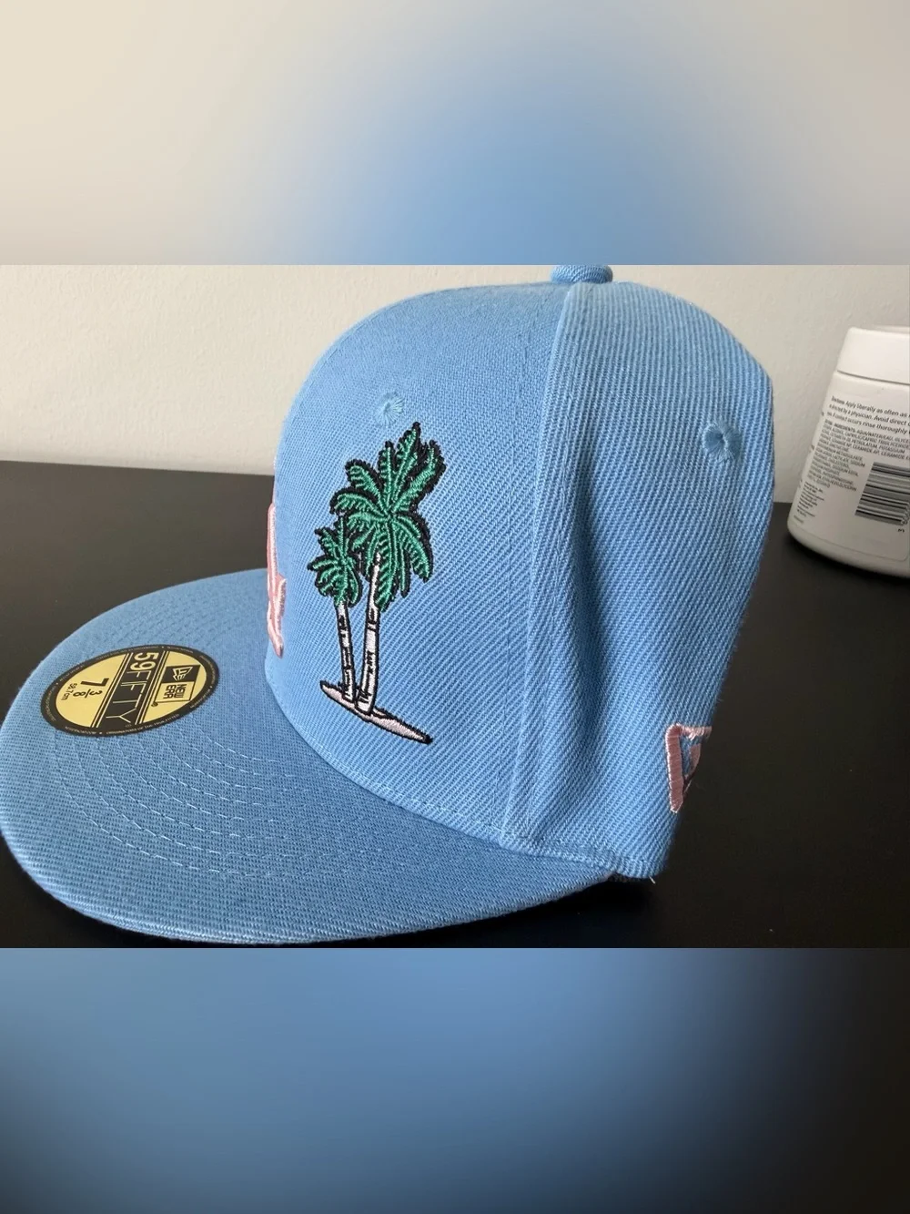 New Era Light Blue LA Palm Fitted Cap with Pink Logo